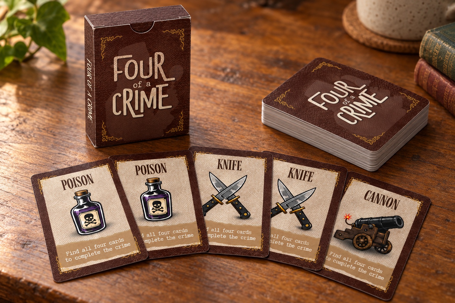 Illustrative mockup of Four of a Crime, showing its printable cards and paper box