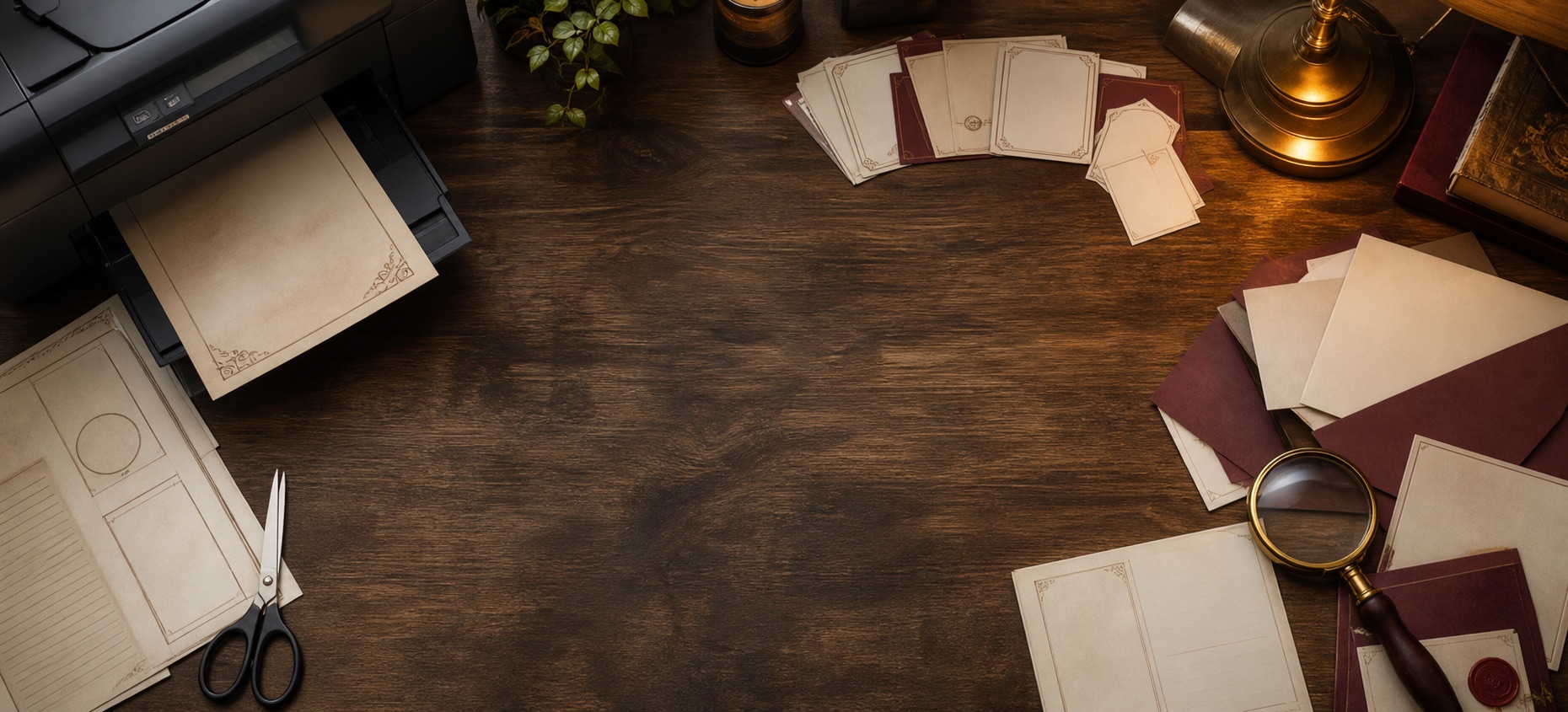 Printer, paper, cards and scissors arranged on a wooden table for preparing a print-at-home game